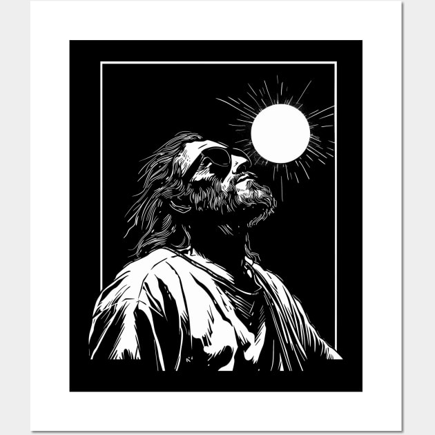 Silhouette of Jesus Wearing Glasses Looking Up at Solar Eclipse Wall Art by TeeTrendz